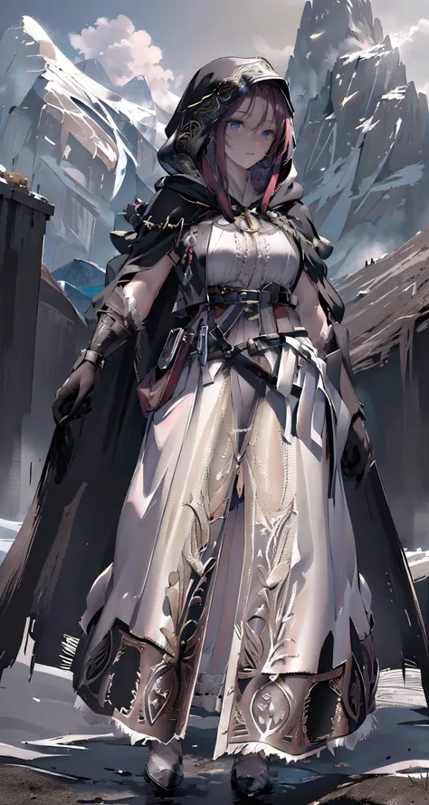 raw photo,8k hdr,masterpiece,best quality,photorealistic,HDR,high quality,high-definition,extremely detailed,daitime,1girl in (long robe,intricate black wizard robe:1.5),(short red hair:1.3),lucent blue eyes,(belt, glove,hand guard,hood:1.5),purple clothing pattern,<lora:PerfectFullBreasts-fCV3.5:0.3>,breasts,shoulder armor,cuisses,boots,breath taking (mountain landscape in background:1.5),<lora:delicate_armor_V2:0.8>
