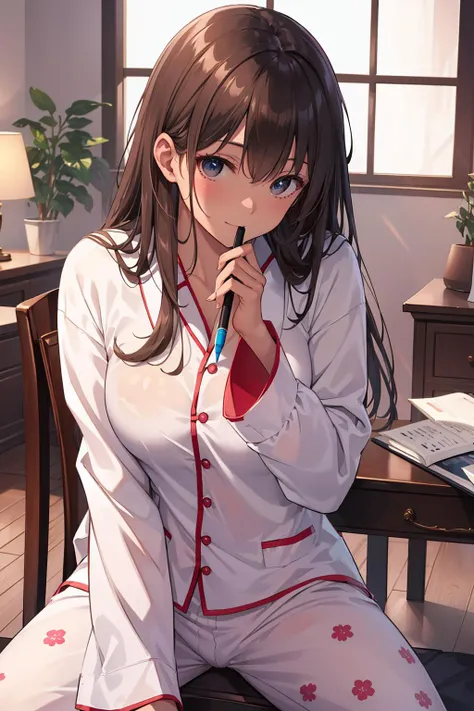 ((masterpiece)),(best quality, finely detailed, absurdres, perfect faces, perfect eyes),
vivid color,realistic light,
1girl, ([black|brown] hair, long hair, black eyes:1.2), asian,
(pjamas:1.3),
<lora:chocoskin:0.55>,
table, sit, happy,chair, pen, holding a pen
