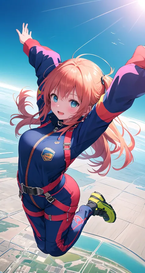 Capture the exhilaration of a daring adventure as a fearless girl in a jumpsuit defies gravity, soaring through the sky in a thrilling free fall.