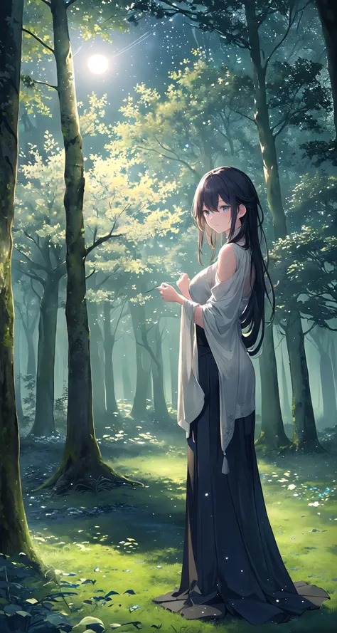Capture the essence of a breathtaking forest at night, (moonlit:1.2) trees casting long shadows, (mysterious:1.1) mist weaving through the (ancient:1.3) trees, (starlit:1.2) sky illuminating the (serene:1.1) scene, (whispering:1.1) leaves rustling in the gentle breeze.