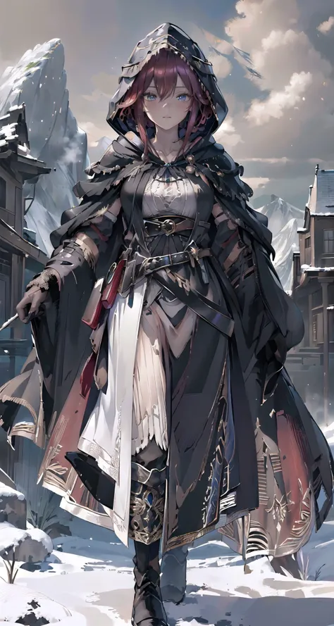 raw photo,8k hdr,masterpiece,best quality,photorealistic,HDR,high quality,high-definition,extremely detailed,daitime,1girl in (long robe,intricate black wizard robe:1.5),(short red hair:1.3),lucent blue eyes,(belt, glove,hand guard,hood:1.5),purple clothing pattern,<lora:PerfectFullBreasts-fCV3.5:0.3>,breasts,shoulder armor,cuisses,boots,breath taking (mountain landscape in background:1.5),<lora:delicate_armor_V2:0.8>