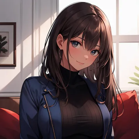((masterpiece)),(best quality, finely detailed, absurdres, perfect faces,perfect skin, perfect eyes, perfect body),
vivid color,realistic light,
1girl,solo, living room, blur background
(big breast:0.8), (mature, tall:1.3),
([black|brown] hair, long hair, black eyes:1.3),
head_tilt, (curious, questioning:1.3), (homewear, blue jacket, print dress), body_tilt, 
sit, 
<lora:chocoskin:0.55> (smile:0.8),staring,,,