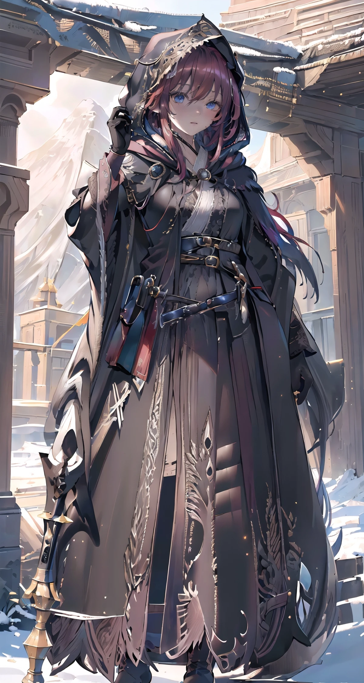 raw photo,8k hdr,masterpiece,best quality,photorealistic,HDR,high quality,high-definition,extremely detailed,daitime,1girl in (long robe,intricate black wizard robe:1.5),(short red hair:1.3),lucent blue eyes,(belt, glove,hand guard,hood:1.5),purple clothing pattern,<lora:PerfectFullBreasts-fCV3.5:0.3>,breasts,shoulder armor,cuisses,boots,breath taking (mountain landscape in background:1.5),<lora:delicate_armor_V2:0.8>