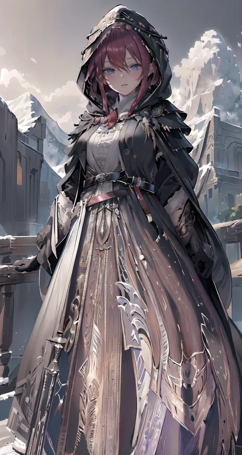raw photo,8k hdr,masterpiece,best quality,photorealistic,HDR,high quality,high-definition,extremely detailed,daitime,1girl in (long robe,intricate black wizard robe:1.5),(short red hair:1.3),lucent blue eyes,(belt, glove,hand guard,hood:1.5),purple clothing pattern,<lora:PerfectFullBreasts-fCV3.5:0.3>,breasts,shoulder armor,cuisses,boots,breath taking (mountain landscape in background:1.5),<lora:delicate_armor_V2:0.8>