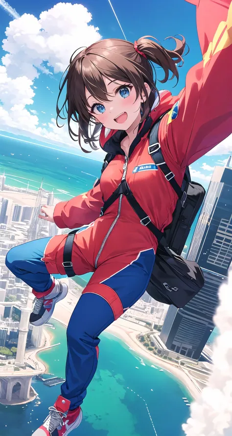 Capture the exhilaration of a daring adventure as a fearless girl in a jumpsuit defies gravity, soaring through the sky in a thrilling free fall.