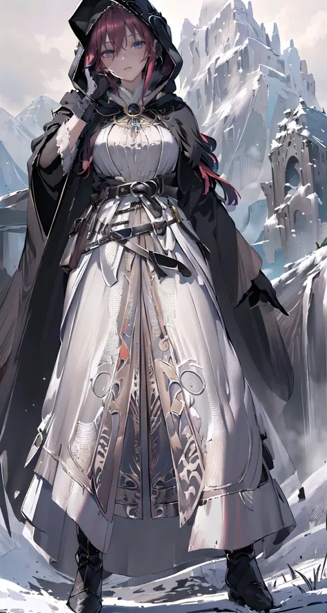 raw photo,8k hdr,masterpiece,best quality,photorealistic,HDR,high quality,high-definition,extremely detailed,daitime,1girl in (long robe,intricate black wizard robe:1.5),(short red hair:1.3),lucent blue eyes,(belt, glove,hand guard,hood:1.5),purple clothing pattern,<lora:PerfectFullBreasts-fCV3.5:0.3>,breasts,shoulder armor,cuisses,boots,breath taking (mountain landscape in background:1.5),<lora:delicate_armor_V2:0.8>