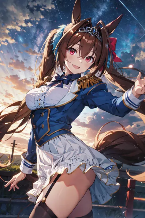 <lora:daiwa_scarlet_v10:0.65>, daiwa scarlet (umamusume), red eyes, horse ears, long hair, twintails, tiara, horse tail, very long hair, brown hair, epaulettes, garter straps, long sleeves, large breasts, red eyes, bowtie, bangs, puffy sleeves, blue jacket, white thighhighs, center frills, white shirt, hair between eyes, white skirt, blue skirt, hair bow, happy, smile, absurdres, highres, (official art, beautiful and aesthetic:1.4), ultra detail, aerial, beautiful person, dynamic pose, dynamic angle, nature, vast world, shining sky, cloudy sky, star effects, night,
