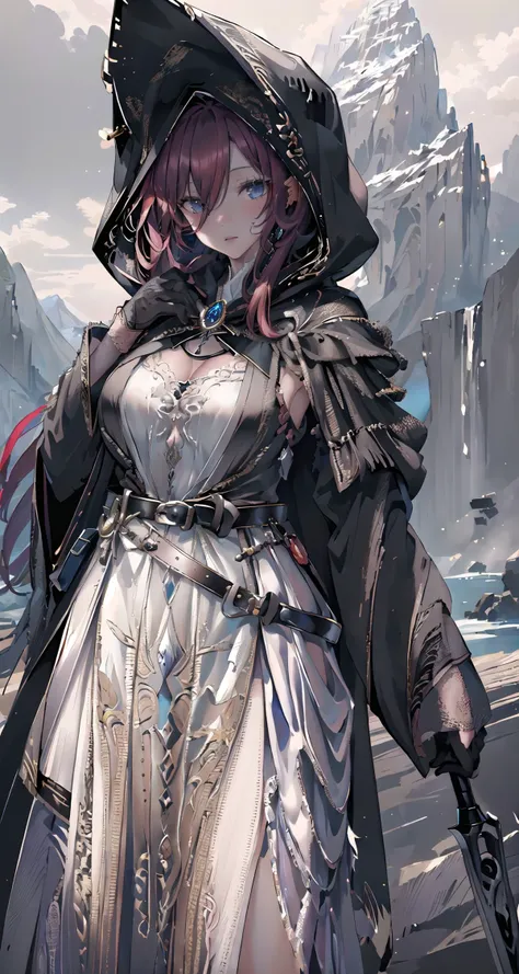 raw photo,8k hdr,masterpiece,best quality,photorealistic,HDR,high quality,high-definition,extremely detailed,daitime,1girl in (long robe,intricate black wizard robe:1.5),(short red hair:1.3),lucent blue eyes,(belt, glove,hand guard,hood:1.5),purple clothing pattern,<lora:PerfectFullBreasts-fCV3.5:0.3>,breasts,shoulder armor,cuisses,boots,breath taking (mountain landscape in background:1.5),<lora:delicate_armor_V2:0.8>