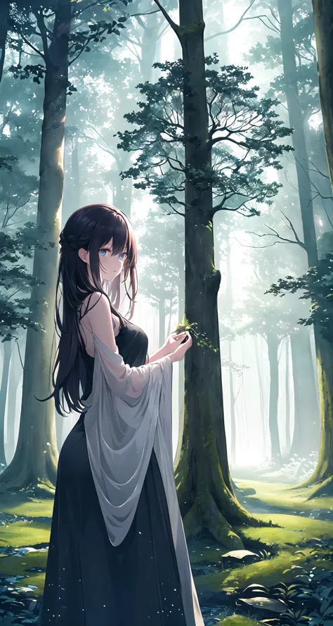 Capture the essence of a breathtaking forest at night, (moonlit:1.2) trees casting long shadows, (mysterious:1.1) mist weaving through the (ancient:1.3) trees, (starlit:1.2) sky illuminating the (serene:1.1) scene, (whispering:1.1) leaves rustling in the gentle breeze.