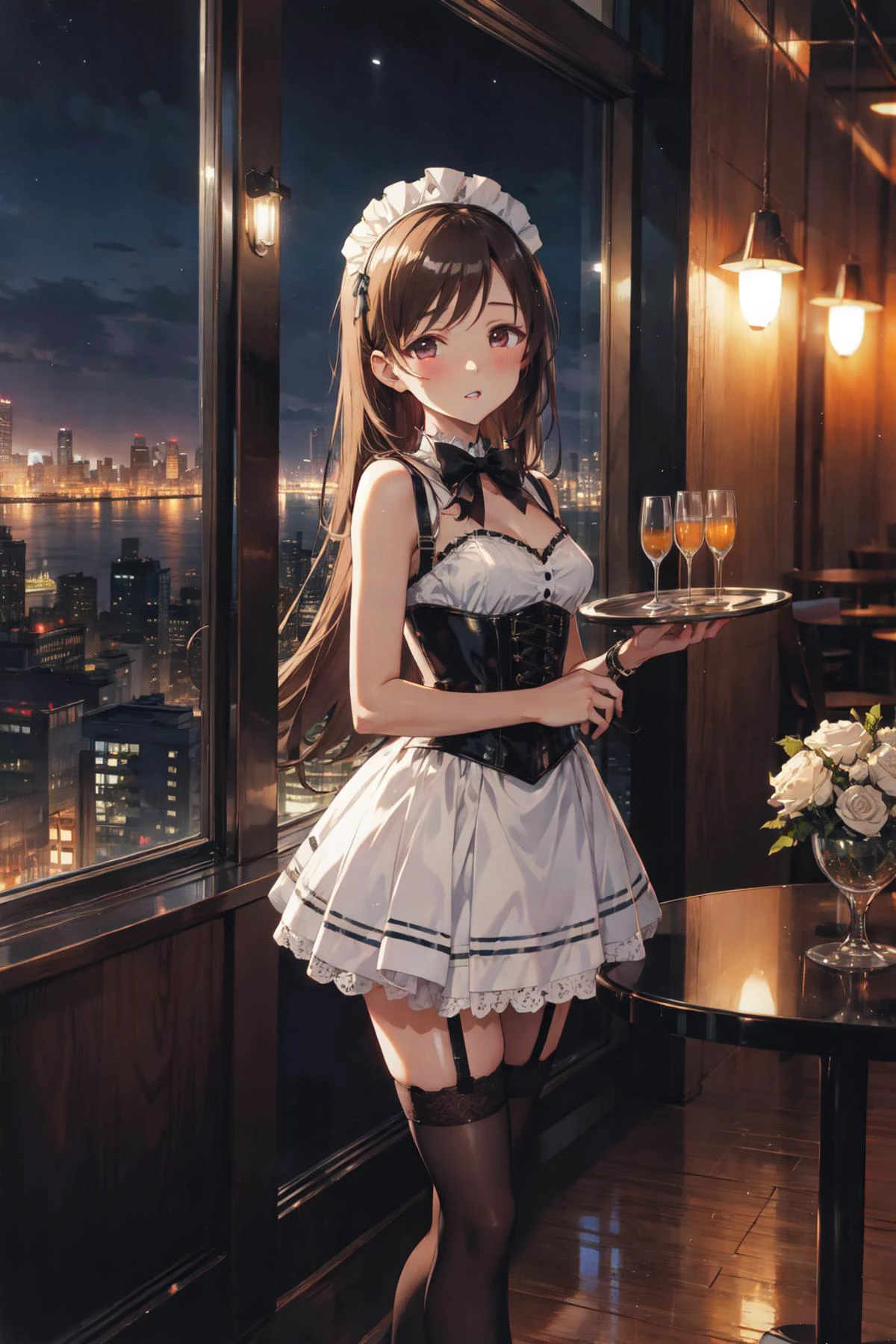 1gril, standing, holding tray, alchole, <lora:nitta_minami_v1:0.7>, aanitta, blown eyes, long blown hair, asymmetrical bangs, medium breasts,, maid dress, headdress, lace, thighhighs, garter straps, corset, bare shoulders, (shiny glossy skin:1.2), absurdres, highres, (official art, beautiful and aesthetic:1.2), ultra detail, happy, parted lips, indoors, luxury restaurant, glass, table cloth, window view, skyscraper, (night:1.2), neon grow, cityscape,