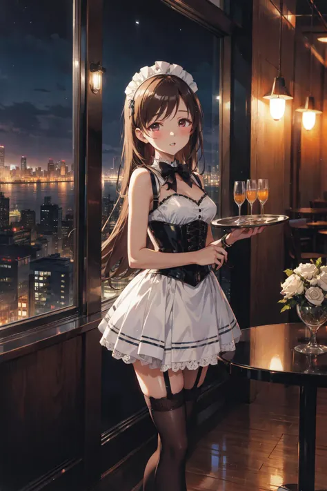 1gril, standing, holding tray, alchole, <lora:nitta_minami_v1:0.7>, aanitta, blown eyes, long blown hair, asymmetrical bangs, medium breasts,, maid dress, headdress, lace, thighhighs, garter straps, corset, bare shoulders, (shiny glossy skin:1.2), absurdres, highres, (official art, beautiful and aesthetic:1.2), ultra detail, happy, parted lips, indoors, luxury restaurant, glass, table cloth, window view, skyscraper, (night:1.2), neon grow, cityscape,