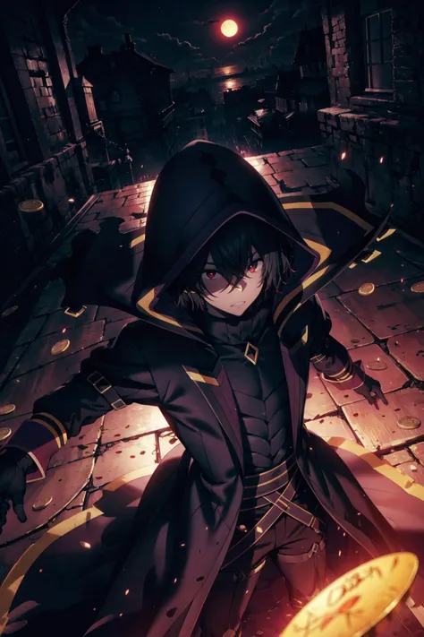 absurdres, (best quality), (masterpiece),(ultra-detailed:1.2),(photorealistic:1.1),ultra high res,dutch angle,from above,
1boy,outstretched arms,shocked,clenched teeth,
<lora:cid:0.95> ,black hair,hood,solo,hood up,red eyes,hair between eyes,short hair,black gloves,cloak,long sleeves,coat,
intricate detailed background,cinematic lighting,
night,gold coins,coins,floating coins,falling coins,
red moon,
<lora:flat2:-0.35> ,
<lora:LowRa:0.15> ,dark theme,