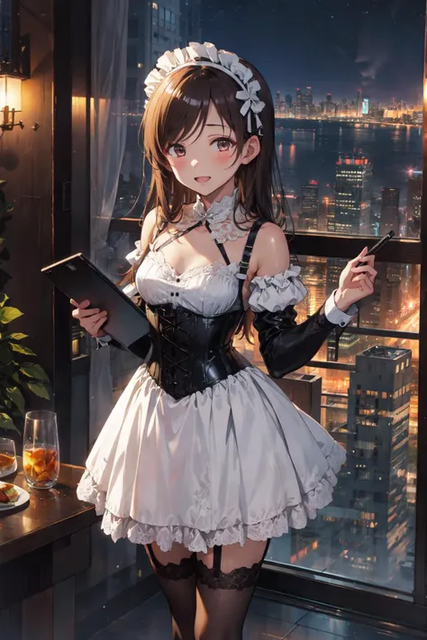 1gril, standing, holding tablet, <lora:nitta_minami_v1:0.7>, aanitta, blown eyes, long blown hair, asymmetrical bangs, medium breasts,, maid dress, headdress, lace, thighhighs, garter straps, corset, bare shoulders, (shiny glossy skin:1.2), absurdres, highres, (official art, beautiful and aesthetic:1.2), ultra detail, happy, indoors, luxury restaurant, glass, table cloth, window view, skyscraper, (night:1.2), neon grow, cityscape,