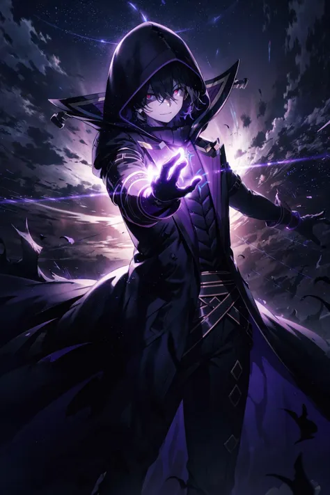 absurdres, (best quality), (masterpiece),(ultra-detailed:1.2),(photorealistic:1.1),ultra high res,dutch angle,below,
1boy,outstretched arms,I am atomic,smirk,
<lora:cid:0.95> ,black hair,hood,solo,hood up,red eyes,hair between eyes,short hair,black gloves,cloak,long sleeves,coat,
intricate detailed background,cinematic lighting,
aura,night,purple particles,(luminous trails:1.1) ,(sky above:1.2),
<lora:nlc_purple:0.75>,glowing,
<lora:flat2:-0.35> ,
<lora:LowRa:0.15> ,dark theme,
