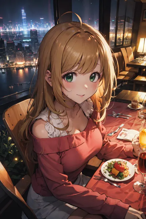 <lora:sato_shin-v13:0.9>, sato shin, blonde hair, ahoge, green eyes, large breasts, long blonde hair, (straight hair:1.2), absurdres, white short dress, off shoulder, pink theme, highres, (official art, beautiful and aesthetic:1.2), ultra detail, close view, aerial, beautiful person, (POV, sitting on chair:1.1), looking at viewer, happy, face focus, front view, front composition, straight-on, luxury restaurant, grass, (table cloth:1.1), window view, skyscraper, night, neon grow, perfect lighting,