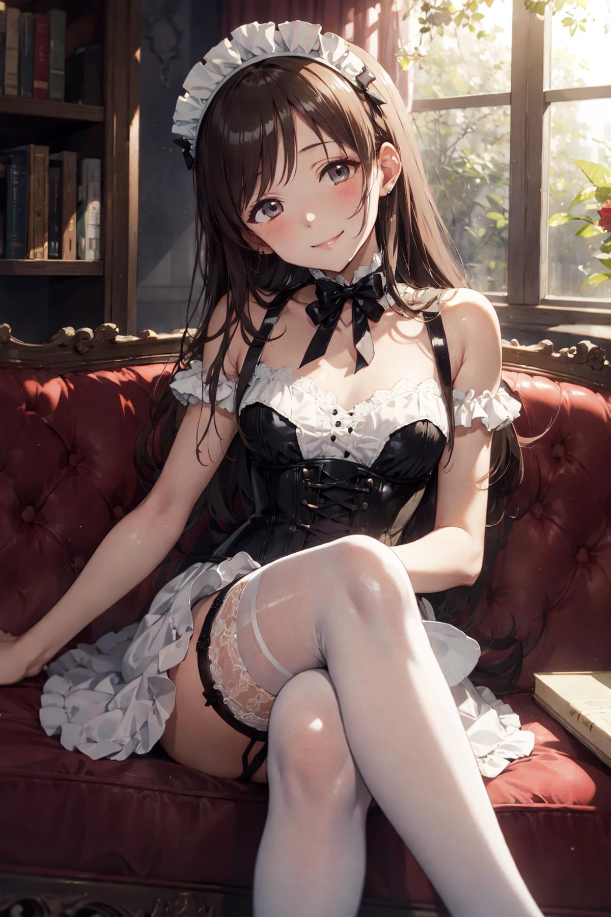 1gril, sitting, couch, crossed legs, <lora:nitta_minami_v1:0.7>, aanitta, blown eyes, long blown hair, asymmetrical bangs, medium breasts,, maid dress, headdress, lace, thighhighs, garter straps, corset, bare shoulders, (shiny glossy skin:1.2), absurdres, highres, (official art, beautiful and aesthetic:1.2), ultra detail, closed mouth, seductive smile, evil smile, head tilt,