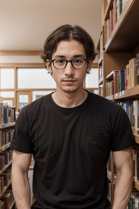 a portrait of l3wis_n0texist wearing a black shirt and glasses, browsing books in a library, looking at the camera, facing the camera