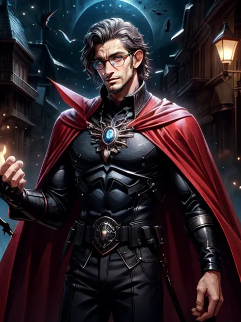 <lyco:GoodHands-beta2:0.51>,  ,  l3wis_n0texist is a male with (black-framed-eyewear) and dark-hair,  <lora:neg4all_bdsqlsz_V3.5:0.58> <lora:tetris-style-darquelilly-v1:1> tetrisstyle, BREAK   solo, (full body:0.6), looking away, detailed background, detailed face, (sinister  dark fantasy theme:1.1) vampire,  vampiric,  vampire fangs, flowing [dark:taupe:5] clothes,  cape, high collars, necklace,  dark expression,   supernatural abilities,  magical red glow,   coffin in background, red moon,  dark night, contrast,   mysterious atmosphere,