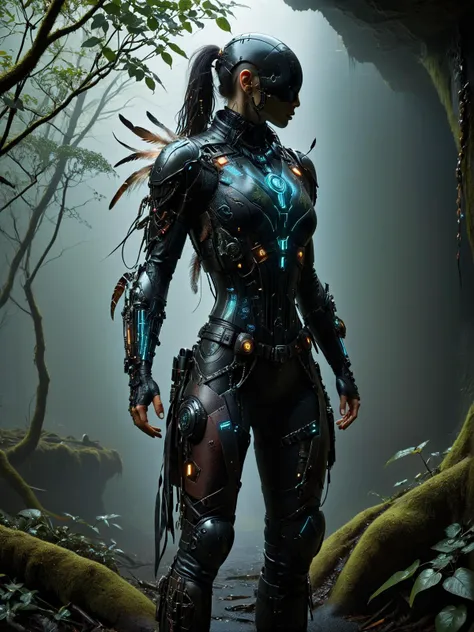 noface, cyborg, cybershaman, cyberpunk, leather vest, neonbody, holodrift, close-up, portrait, magic floating in the air, feathers, talisman, dynamic pose, dark cave, fog, steam, moss, ivy, light rays <lora:Faceless_Cyborgs:0.8> <lora:Cyberpunk_Techno-Mages_SDXL:0@0,0.5@0.25> <lora:Neon_Cyberpunk_SDXL:0@0,0.8@0.5>, <lora:EnvyBetterHiresFixXL01:1>, masterpiece, best quality, ultra high res, (photorealistic, realistic:1.2), deep shadow, raw photo, film grain, Fujifilm XT3, 8k uhd, dslr