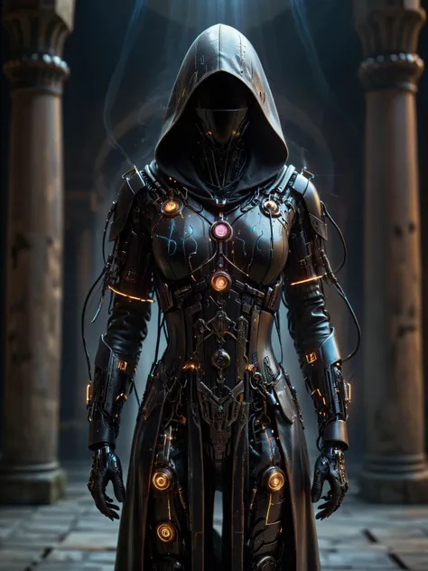 noface, cyborg, hermeticwizard, cyberpunk, (ornated hooded leather robe:1.3), neonbody, lightstreak, close-up, portrait, magic runes floating in the air, dynamic pose, ancient temple, dust, steam, light rays <lora:Faceless_Cyborgs:0.8>  <lora:Cyberpunk_Techno-Mages_SDXL:0@0,0.5@0.25>  <lora:Neon_Cyberpunk_SDXL:0@0,0.8@0.5>, <lora:EnvyBetterHiresFixXL01:1>, masterpiece, best quality, ultra high res, (photorealistic, realistic:1.2), deep shadow, raw photo, film grain, Fujifilm XT3, 8k uhd, dslr