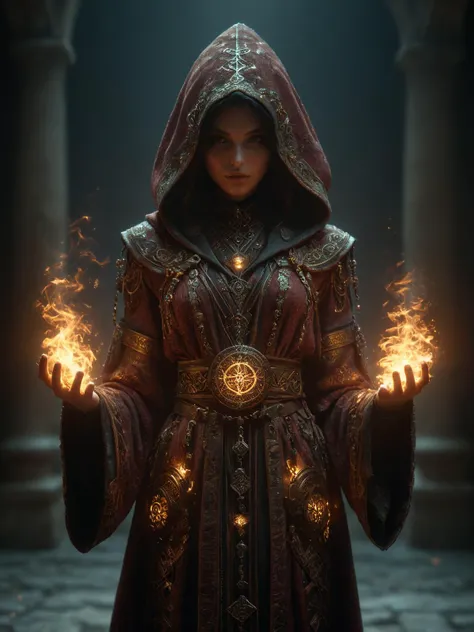 woman, hermeticwizard, hkmagic, fire_magic, ornate_hooded_robe, talisman, runes, dust, lightrays, ancient_tomb in the background, cinematic shot, dramatic lighting, dim lighting, <lora:Fantasy_Wizard__Witches_SDXL:0.7> <lora:Cyberpunk_Techno-Mages_SDXL:0.7>, masterpiece, best quality, ultra high res, (photorealistic, realistic:1.2), deep shadow, raw photo, film grain, Fujifilm XT3, 8k uhd, dslr