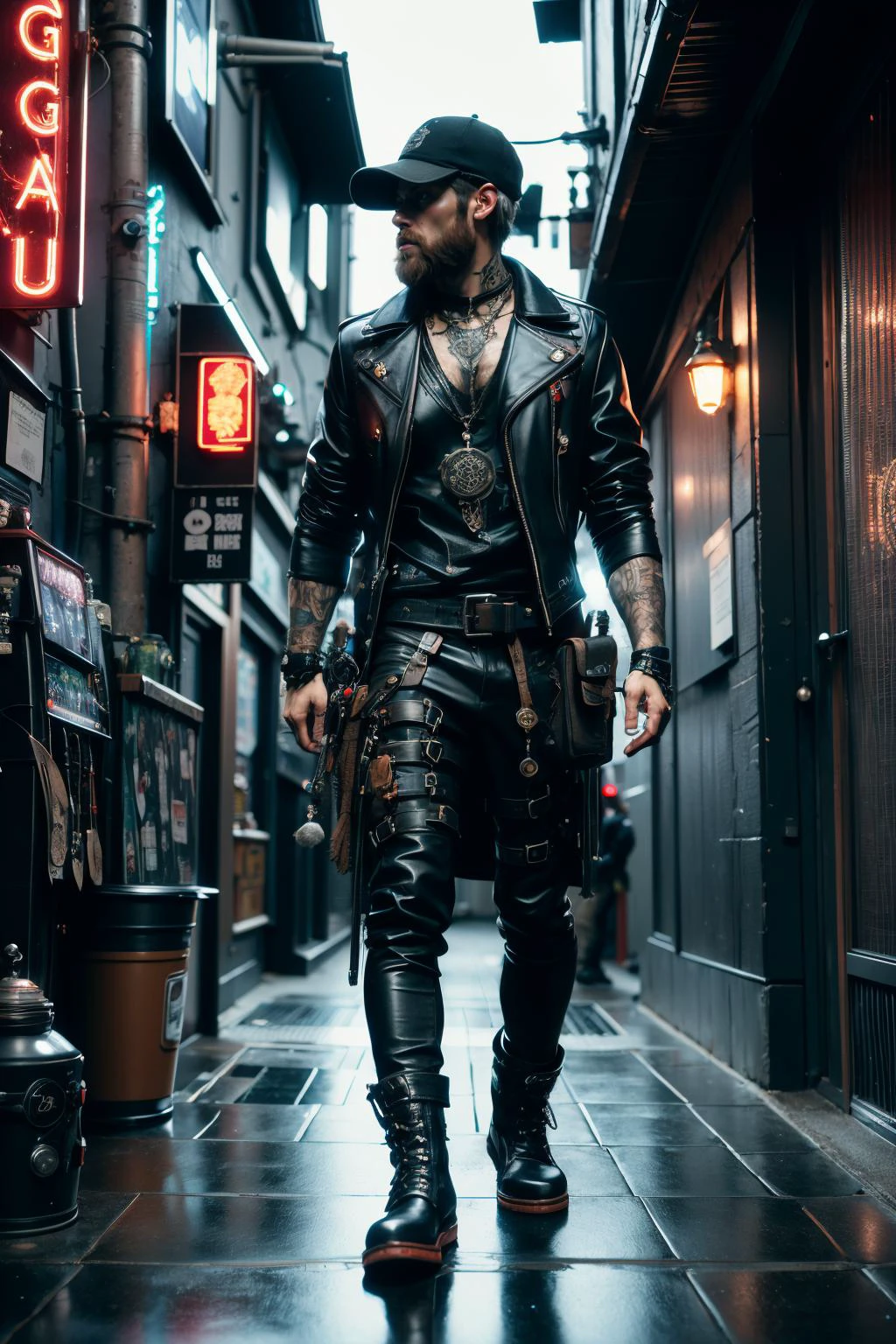man, streetmage, cloth vest, flat cap, talismans, magic runes, eletricty, cyberpunk, (neon signs, dark alley:1.2), garbage, dirt, <lora:Neon_Cyberpunk_SD1.5_Techno_Mages:0.8>, masterpiece, best quality, ultra high res, (photorealistic, realistic:1.2), deep shadow, raw photo, film grain, Fujifilm XT3, 8k uhd, dslr