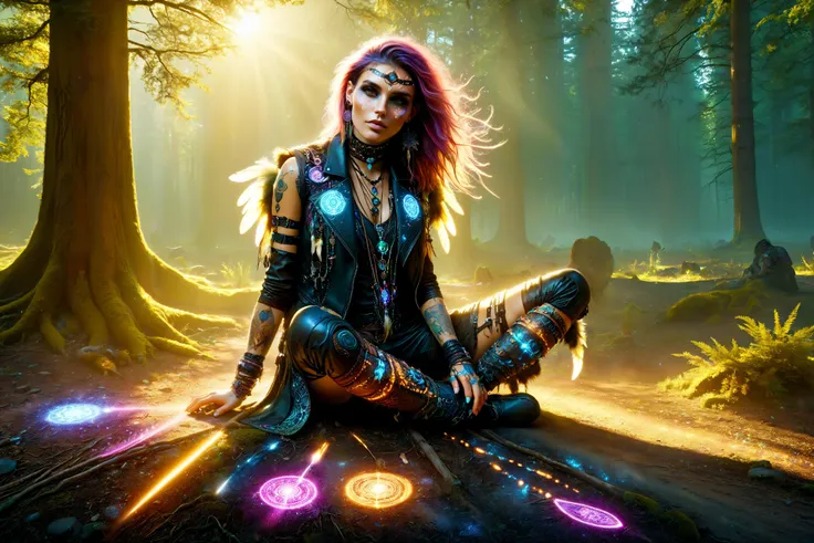 woman, cyberpunk, cybershaman sitting crossleg on clearing in the forest,(mystical stones:1.2), pattern in the dirt, leather vest with feathers and ornament, translucent arcane swirls in the air, bag with magic items, dust, light rays <lora:Cyberpunk_Techno-Mages_SDXL:0.9> <lora:DonMW15pXL:0.7> DonMW15pXL, <lora:EnvyBetterHiresFixXL01:1>, masterpiece, best quality, ultra high res, (photorealistic, realistic:1.2), deep shadow, raw photo, film grain, Fujifilm XT3, 8k uhd, dslr