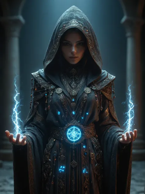 woman, hermeticwizard, hkmagic, cryokinesis, ornate_hooded_robe, talisman, runes, dust, lightrays, ancient_tomb in the background, cinematic shot, dramatic lighting, dim lighting, <lora:Fantasy_Wizard__Witches_SDXL:0.7> <lora:Cyberpunk_Techno-Mages_SDXL:0.7>, masterpiece, best quality, ultra high res, (photorealistic, realistic:1.2), deep shadow, raw photo, film grain, Fujifilm XT3, 8k uhd, dslr