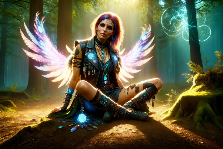woman, cyberpunk, cybershaman sitting crossleg on clearing in the forest,(mystical stones:1.2), pattern in the dirt, leather vest with feathers and ornament, translucent arcane swirls in the air, bag with magic items, dust, light rays <lora:Cyberpunk_Techno-Mages_SDXL:0.9> <lora:DonMW15pXL:0.7> DonMW15pXL, <lora:EnvyBetterHiresFixXL01:1>, masterpiece, best quality, ultra high res, (photorealistic, realistic:1.2), deep shadow, raw photo, film grain, Fujifilm XT3, 8k uhd, dslr