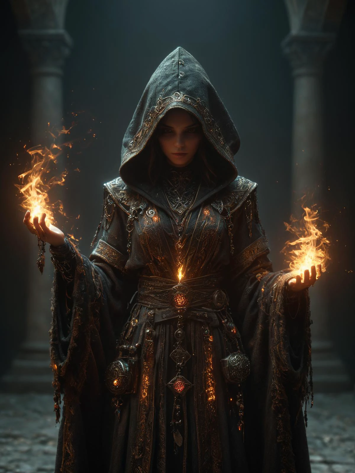 woman, hermeticwizard, hkmagic, fire_magic, ornate_hooded_robe, talisman, runes, dust, lightrays, ancient_tomb in the background, cinematic shot, dramatic lighting, dim lighting, <lora:Fantasy_Wizard__Witches_SDXL:0.7> <lora:Cyberpunk_Techno-Mages_SDXL:0.7>, masterpiece, best quality, ultra high res, (photorealistic, realistic:1.2), deep shadow, raw photo, film grain, Fujifilm XT3, 8k uhd, dslr