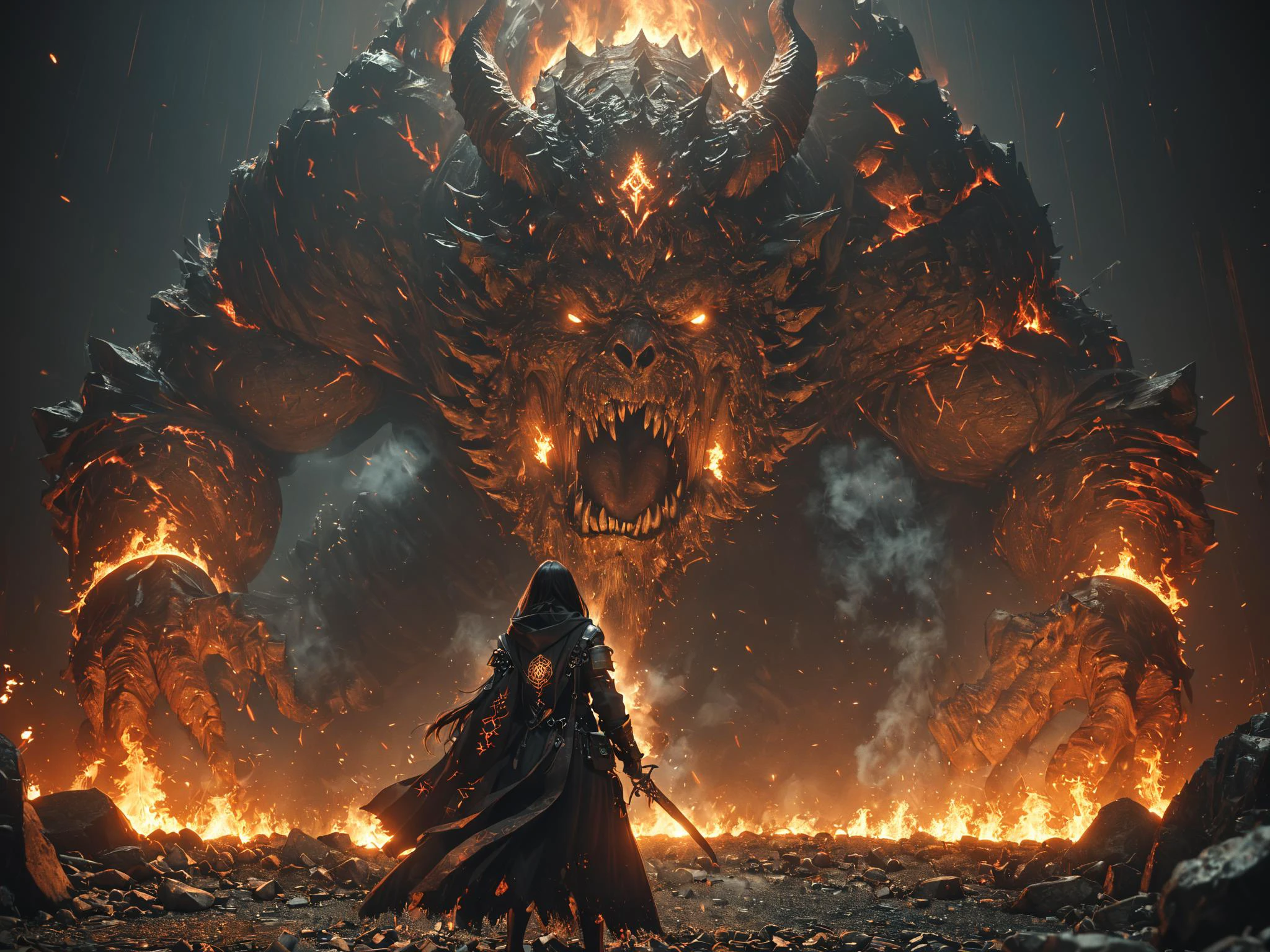 female hermeticwizard fighting a Bosstyle fire demon, casting spell, fire magic, ornate_hooded_robe, talisman, runes, (smoke:1.2), cinematic shot, dramatic lighting, dim lighting, dirt, gravel, rocks <lora:Cyberpunk_Techno-Mages_SDXL:0.5> <lora:XL_boss_battle:1>, masterpiece, best quality, ultra high res, (photorealistic, realistic:1.2), deep shadow, raw photo, film grain, Fujifilm XT3, 8k uhd, dslr