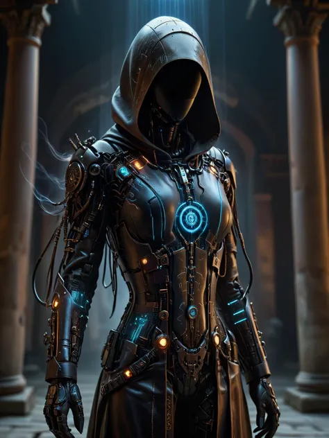 noface, cyborg, cybershaman, cyberpunk, (ornated hooded leather robe:1.3), neonbody, lightstreak, close-up, portrait, magic runes floating in the air, dynamic pose, ancient temple, dust, steam, light rays <lora:Faceless_Cyborgs:0.8> <lora:Cyberpunk_Techno-Mages_SDXL:0@0,0.5@0.25> <lora:Neon_Cyberpunk_SDXL:0@0,0.8@0.5>, <lora:EnvyBetterHiresFixXL01:1>, masterpiece, best quality, ultra high res, (photorealistic, realistic:1.2), deep shadow, raw photo, film grain, Fujifilm XT3, 8k uhd, dslr