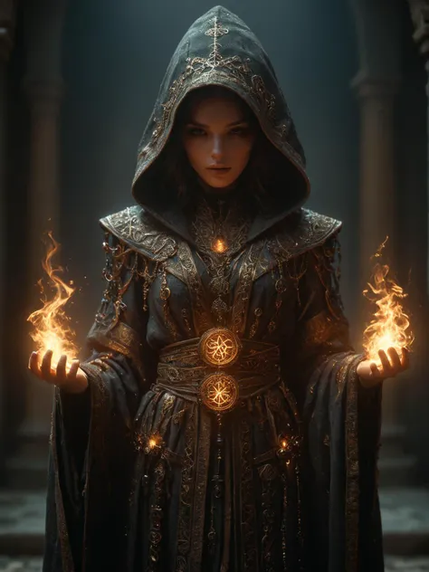 woman, hermeticwizard, hkmagic, fire_magic, ornate_hooded_robe, talisman, runes, dust, lightrays, ancient_tomb in the background, cinematic shot, dramatic lighting, dim lighting, <lora:Fantasy_Wizard__Witches_SDXL:0.7> <lora:Cyberpunk_Techno-Mages_SDXL:0.7>, masterpiece, best quality, ultra high res, (photorealistic, realistic:1.2), deep shadow, raw photo, film grain, Fujifilm XT3, 8k uhd, dslr