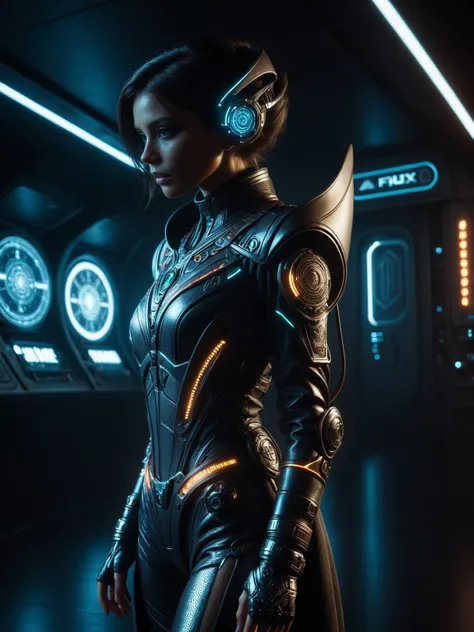 cinematic shot, dramatic lighting, dynamic pose, woman, alien hermeticwizard, spacesuit, futuristic robe, alien runes, scifi items, glowing ornaments, dark bridge of a spacecraft, dust, light rays, neon signs, Looking over the shoulder pose<lora:Cyberpunk_Techno-Mages_SDXL:0.7> <lora:aesthetic:0.3> aesthetic <lora:great_lighting:0.4> great lighting, masterpiece, best quality, ultra high res, (photorealistic, realistic:1.2), deep shadow, raw photo, film grain, Fujifilm XT3, 8k uhd, dslr