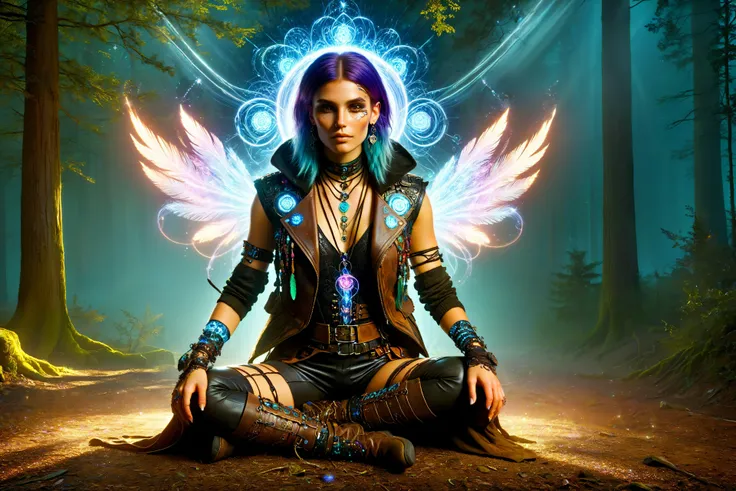 woman, cyberpunk, cybershaman sitting crossleg on clearing in the forest,(mystical stones:1.2), pattern in the dirt, leather vest with feathers and ornament, translucent arcane swirls in the air, bag with magic items, dust, light rays <lora:Cyberpunk_Techno-Mages_SDXL:0.9> <lora:DonMW15pXL:0.7> DonMW15pXL, <lora:EnvyBetterHiresFixXL01:1>, masterpiece, best quality, ultra high res, (photorealistic, realistic:1.2), deep shadow, raw photo, film grain, Fujifilm XT3, 8k uhd, dslr