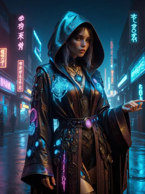 woman, cyberpunk, hermeticwizard, intricately ornated robe, hooded leather robe, runes, magic, neon light, Hand on chin pose, night, rain, cyberpunk street in the background <lora:Cyberpunk_Techno-Mages_SDXL:0.8>, (masterpiece:1.2), best quality