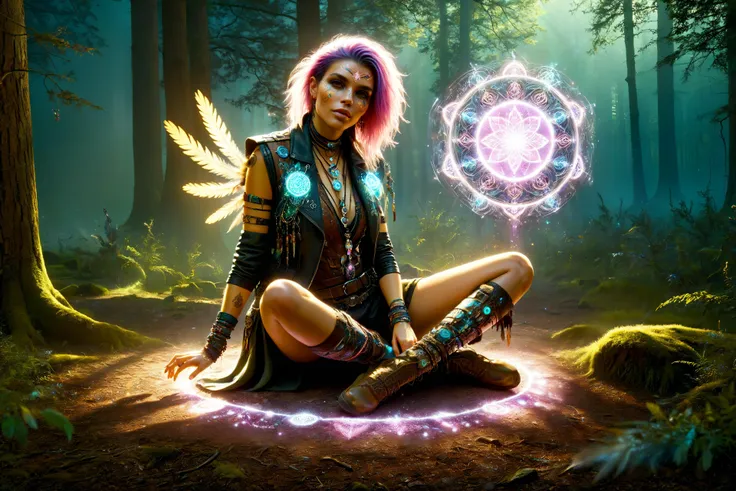 woman, cyberpunk, cybershaman sitting crossleg on clearing in the forest,(mystical stones:1.2), pattern in the dirt, leather vest with feathers and ornament, translucent arcane swirls in the air, bag with magic items, dust, light rays <lora:Cyberpunk_Techno-Mages_SDXL:0.9> <lora:DonMW15pXL:0.7> DonMW15pXL, <lora:EnvyBetterHiresFixXL01:1>, masterpiece, best quality, ultra high res, (photorealistic, realistic:1.2), deep shadow, raw photo, film grain, Fujifilm XT3, 8k uhd, dslr
