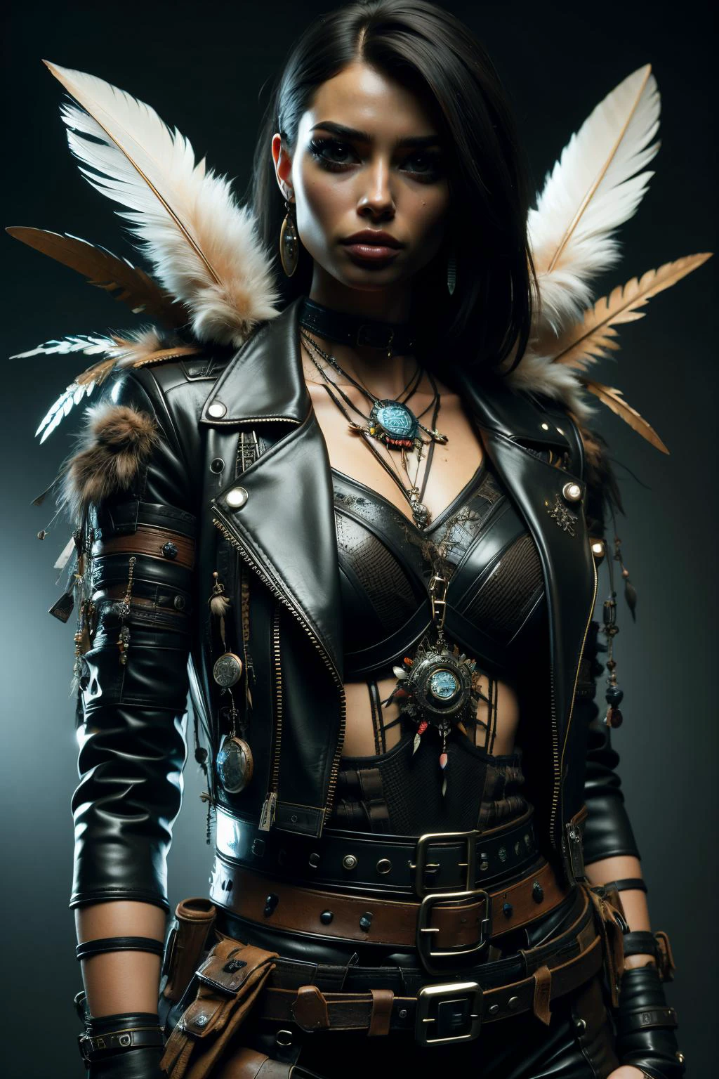 woman, cybershaman, (cyberpunk:1.2), (ruined buildings, walking through urban wasteland:1.2)natural leather jacket, frills, talismans, feathers, floating runes, magic circle, , <lora:Neon_Cyberpunk_SD1.5_Techno_Mages:0.8>, masterpiece, best quality, ultra high res, (photorealistic, realistic:1.2), deep shadow, raw photo, film grain, Fujifilm XT3, 8k uhd, dslr