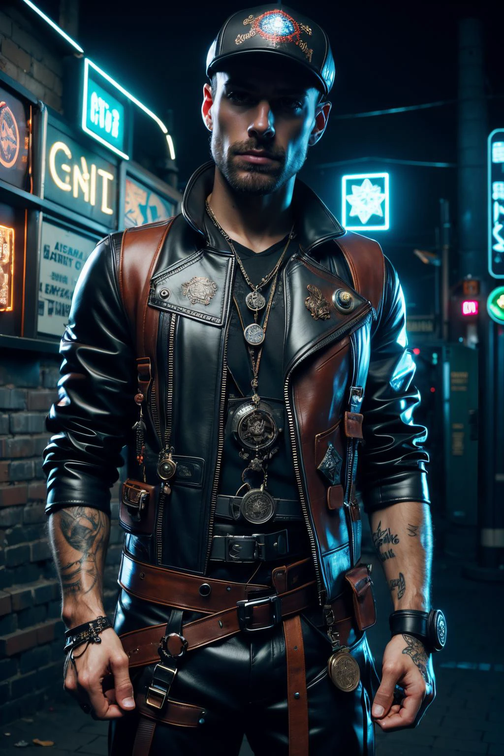 man, streetmage, vest, flatcap, talismans, magic runes, casting magic spell, fire spell, cyberpunk, (neon signs, dark alley:1.2), garbage, dirt, <lora:Neon_Cyberpunk_SD1.5_Techno_Mages:0.8>, masterpiece, best quality, ultra high res, (photorealistic, realistic:1.2), deep shadow, raw photo, film grain, Fujifilm XT3, 8k uhd, dslr