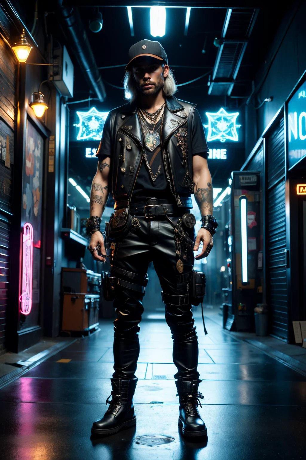man, streetmage, cloth vest, flat cap, talismans, magic runes, eletricty, cyberpunk, (neon signs, dark alley:1.2), garbage, dirt, <lora:Neon_Cyberpunk_SD1.5_Techno_Mages:0.8>, masterpiece, best quality, ultra high res, (photorealistic, realistic:1.2), deep shadow, raw photo, film grain, Fujifilm XT3, 8k uhd, dslr