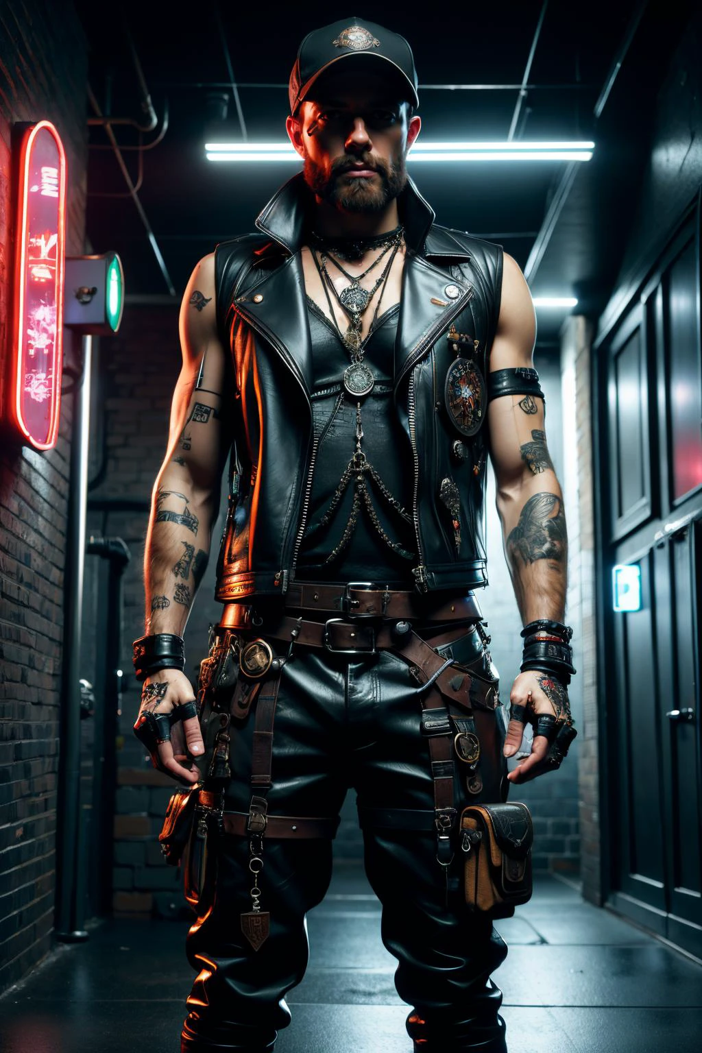 man, streetmage, cloth vest, flat cap, talismans, magic runes, eletricty, cyberpunk, (neon signs, dark alley:1.2), garbage, dirt, <lora:Neon_Cyberpunk_SD1.5_Techno_Mages:0.8>, masterpiece, best quality, ultra high res, (photorealistic, realistic:1.2), deep shadow, raw photo, film grain, Fujifilm XT3, 8k uhd, dslr