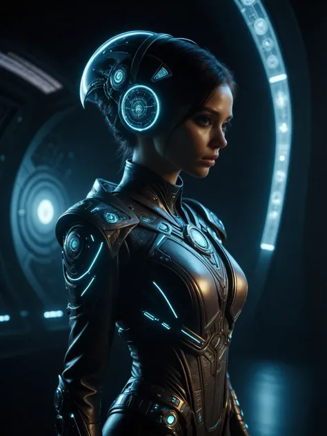 cinematic shot, dramatic lighting, dynamic pose, woman, alien hermeticwizard, spacesuit, futuristic robe, alien runes, scifi items, glowing ornaments, dark bridge of a spacecraft, dust, light rays, neon signs, One hand behind the head pose<lora:Cyberpunk_Techno-Mages_SDXL:0.7> <lora:aesthetic:0.3> aesthetic <lora:great_lighting:0.4> great lighting, masterpiece, best quality, ultra high res, (photorealistic, realistic:1.2), deep shadow, raw photo, film grain, Fujifilm XT3, 8k uhd, dslr