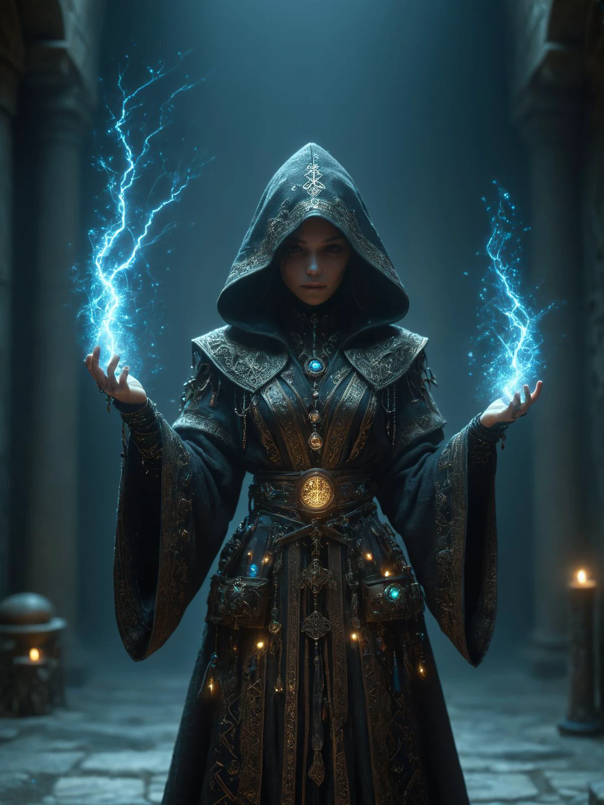 woman, hermeticwizard, hkmagic, cryokinesis, ornate_hooded_robe, talisman, runes, dust, lightrays, ancient_tomb in the background, cinematic shot, dramatic lighting, dim lighting, <lora:Fantasy_Wizard__Witches_SDXL:0.7> <lora:Cyberpunk_Techno-Mages_SDXL:0.7>, masterpiece, best quality, ultra high res, (photorealistic, realistic:1.2), deep shadow, raw photo, film grain, Fujifilm XT3, 8k uhd, dslr