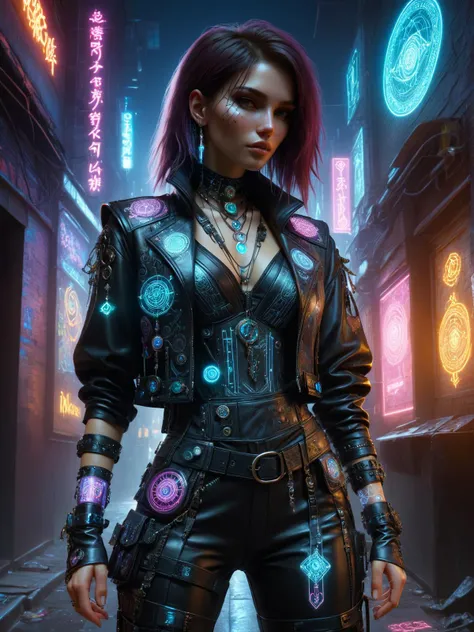 woman, cyberpunk, streetmage, vest with ornaments, leather pants, scrap with magic pattern, hologram, neon light, cyberpunk alley at night <lora:Cyberpunk_Techno-Mages_SDXL:0.8>, (masterpiece:1.2), best quality