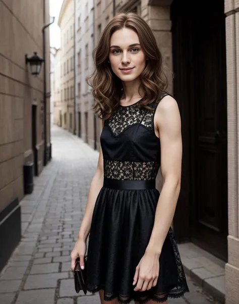 standing,posing for a picture, a slender thin 28yo man, medium chestnut length hair, angular jaw, crossdressing in a petticoat lace dress, <lora:breastsizeslideroffset:-1.4> <lora:gender_slider_v1:-1.1> <lora:muscle_slider_v1:1.5> <lora:è¸é¨è°æ´:-1>, in an old european city