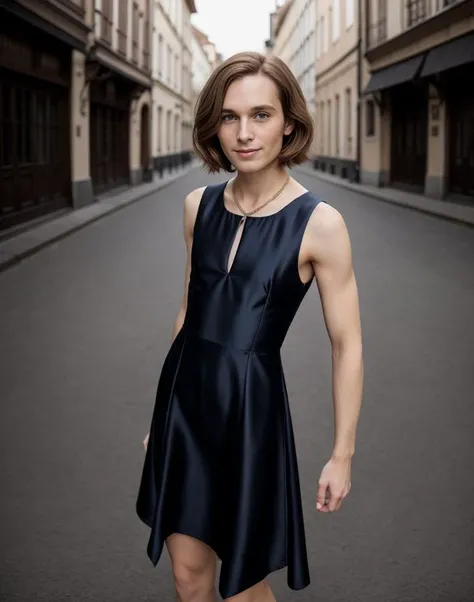 standing,posing for a picture, a slender thin 28yo man, medium chestnut length bob haircut, angular jawn crossdressing in a petticoat silk dress, <lora:breastsizeslideroffset:-1.4> <lora:gender_slider_v1:-1.1> <lora:muscle_slider_v1:1.5> <lora:è¸é¨è°æ´:-1>, in an old european city