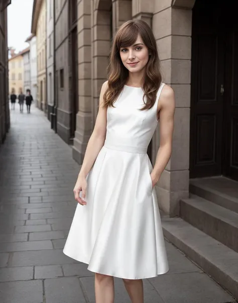 standing,posing for a picture, a slender thin 28yo man, medium chestnut length hair, blunt bangs, angular jaw, crossdressing in a petticoat silk dress, <lora:breastsizeslideroffset:-1.4> <lora:gender_slider_v1:-1.1> <lora:muscle_slider_v1:1.5> <lora:è¸é¨è°æ´:-1>, in an old european city