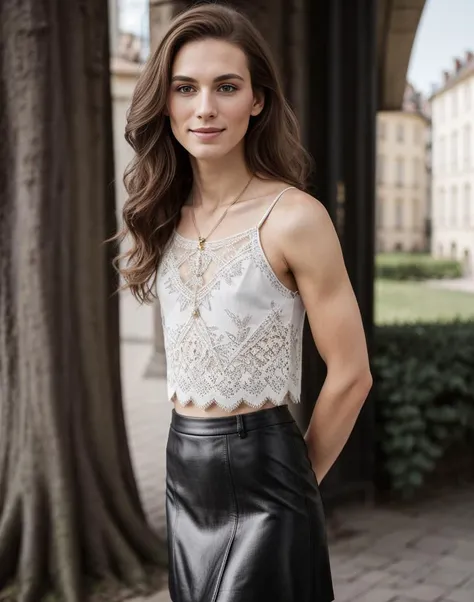 standing,posing for a picture, a slender thin 28yo man, medium chestnut length hair, angular jaw, crossdressing in a pencil skirt and lace spaghetti straps top, <lora:breastsizeslideroffset:-1.4> <lora:gender_slider_v1:-0.7> <lora:muscle_slider_v1:1.5> <lora:è¸é¨è°æ´:-1>, in an old european city, outdoors, tree, day, sunny
