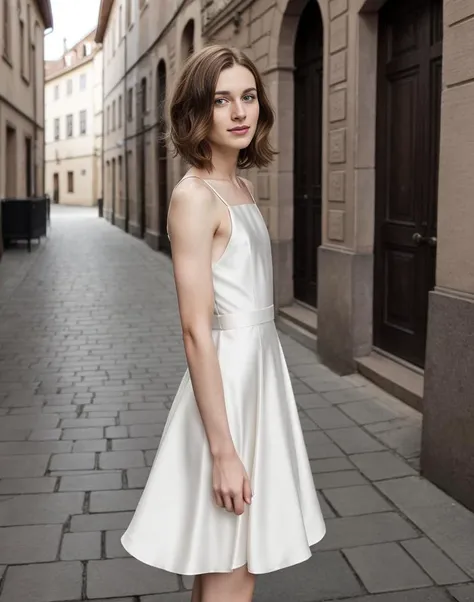 standing,posing for a picture, a slender thin  28yo man, medium chestnut length bob haircut,  angular jawn  crossdressing in a petticoat silk dress,  <lora:breastsizeslideroffset:-1.4> <lora:gender_slider_v1:-1.1> <lora:muscle_slider_v1:1.5> <lora:è¸é¨è°æ´:-1>, in an old european city