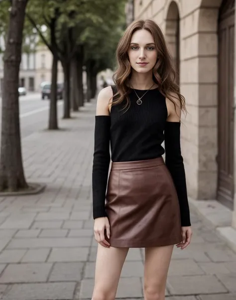 standing,posing for a picture, a slender thin 28yo man, medium chestnut length hair, angular jaw, crossdressing in a leather skirt and off shoulders top , <lora:breastsizeslideroffset:-1.4> <lora:gender_slider_v1:-0.7> <lora:muscle_slider_v1:1.5> <lora:è¸é¨è°æ´:-1>, in an old european city, outdoors, tree, day, sunny